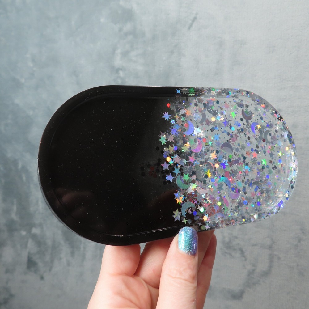ROLLING TRAY Grinder Stash Container Set Black Silver Celestial Glitter Handmade