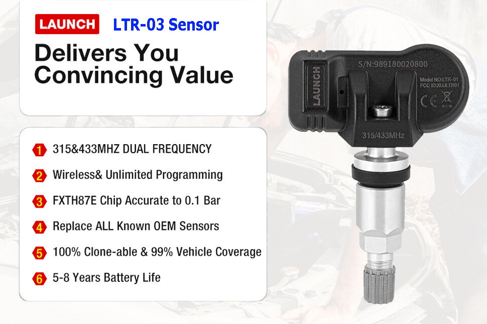 LAUNCH LTR-03 Universal Tire Pressure Sensor Car TPMS Programmable 315MHz+433MHz