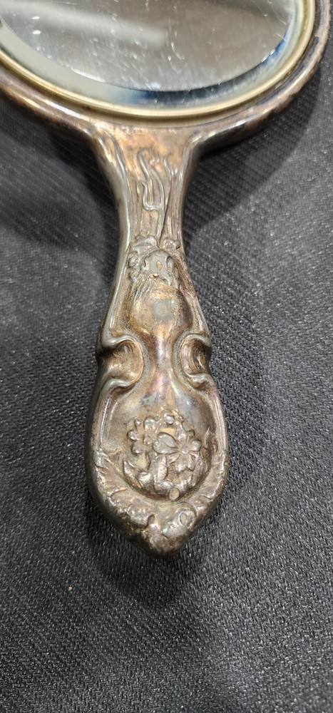 Antique Hope Silver Co Silver Plated Repousse Floral Hand Mirror