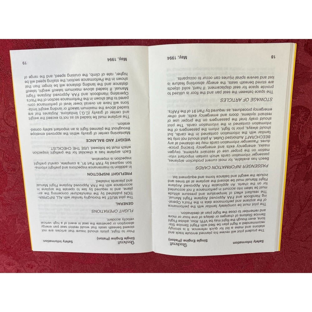 Beechcraft Single Engine (Piston) Airplanes Safety Information Booklet May 1994
