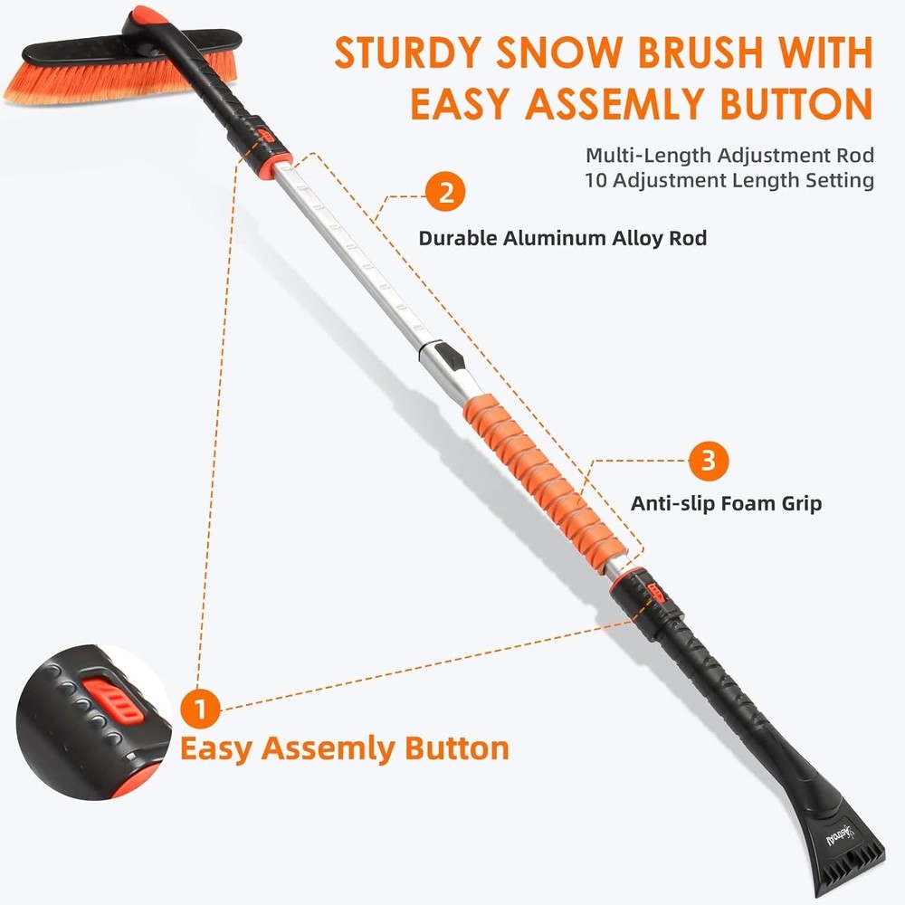 Multi-Function Ice Scraper and Snow Brush – 47.2” Adjustable Tool in Orange