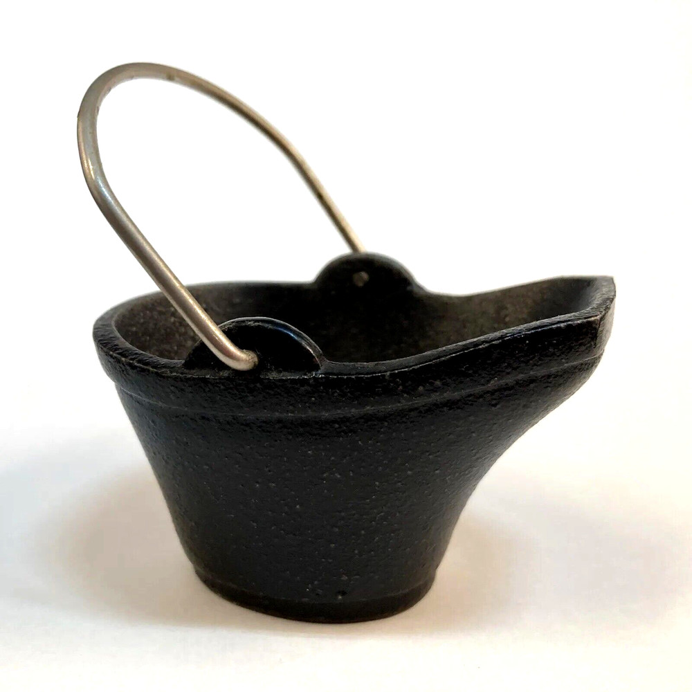 Miniature Black Cast Iron Coal Scuttle Basket with Handle Vintage