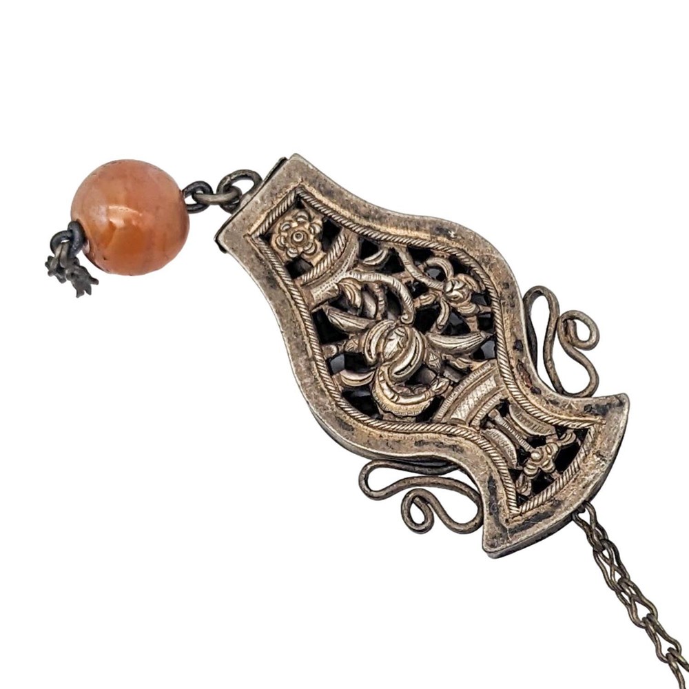 Antique Chinese Export Silver Needle Case Agate Bead Cicada Clip Openwork Vase