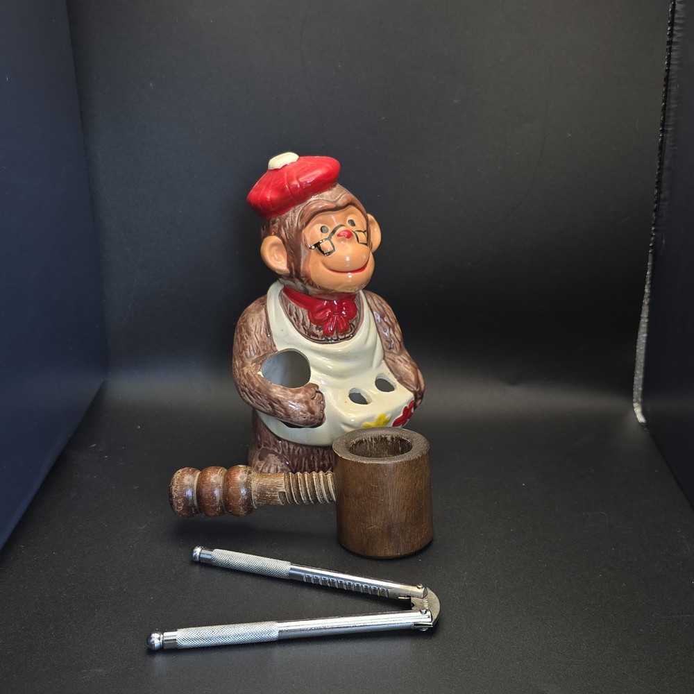 Vintage McCrory Ceramic Monkey Nut Cracker Mallet Pick Set Earthenware 7.5"