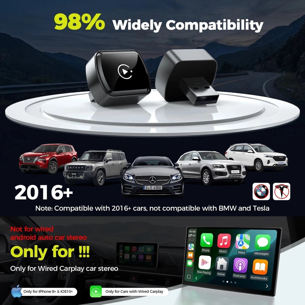 4-in-1 Wireless CarPlay Android Auto Adapter Plug & Play USB for iPhone Android