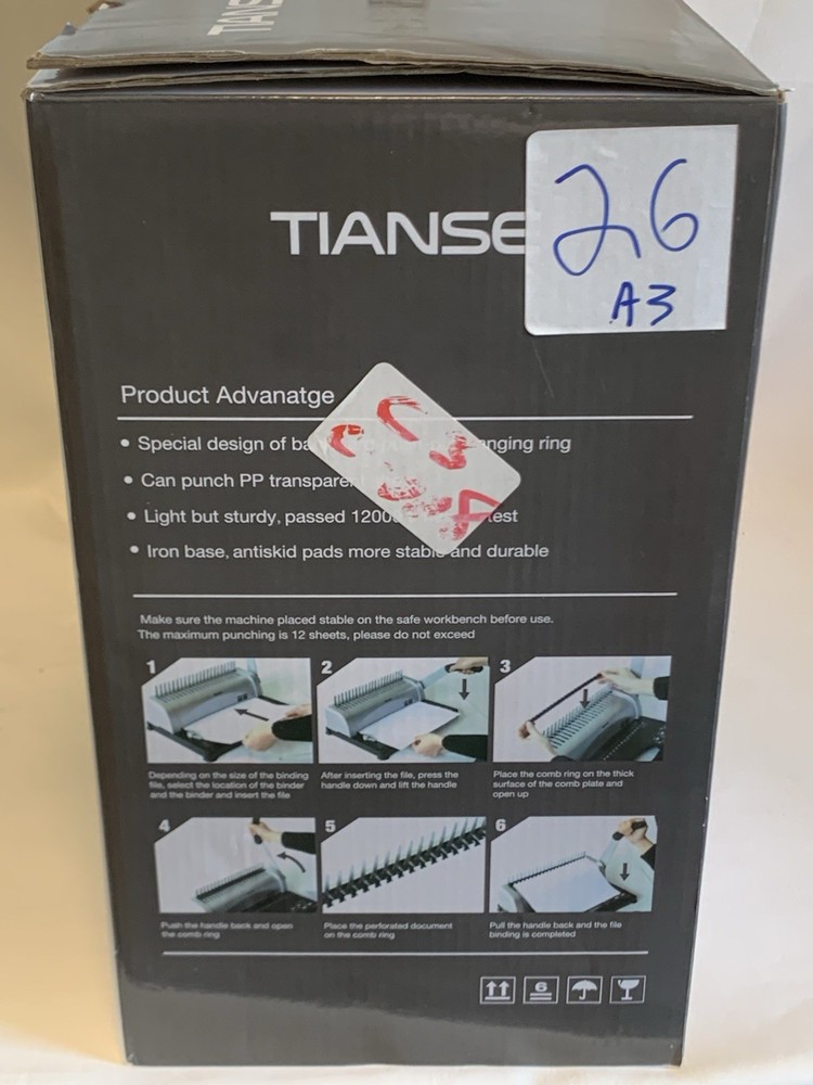 Tianse BM1245 COMB BINDING MACHINE 450 Sheets, 12 Max Punching, Open Box