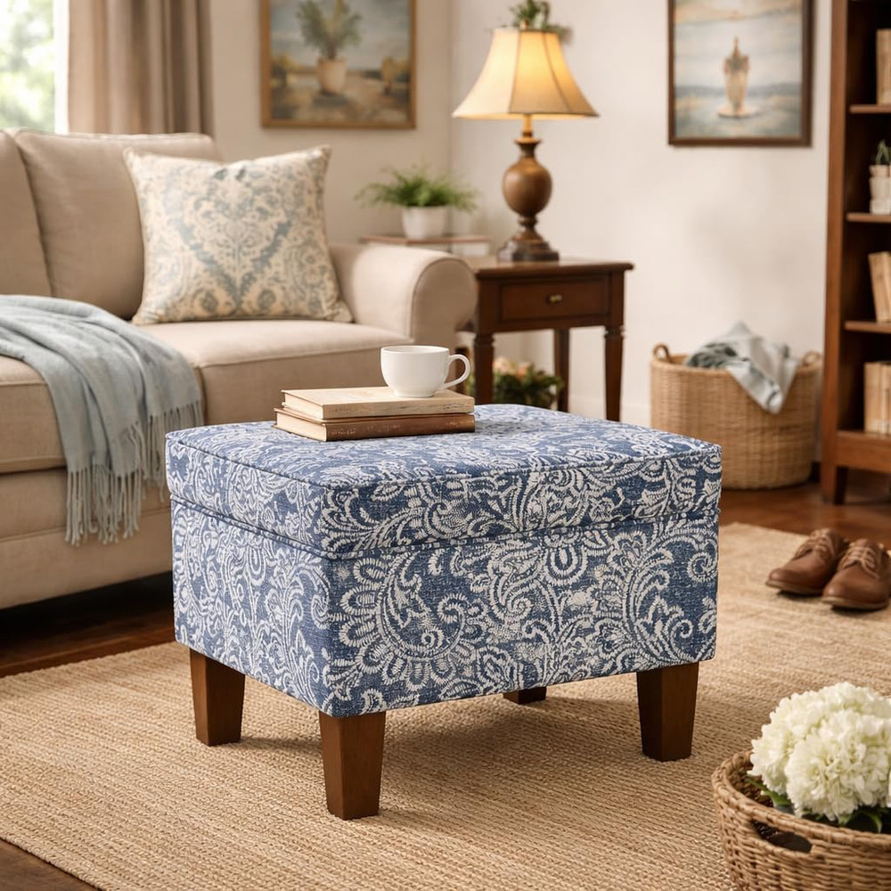 Home Decor |K7646-A879| Upholstered Modern Rectangular Storage Ottoman | Hinged