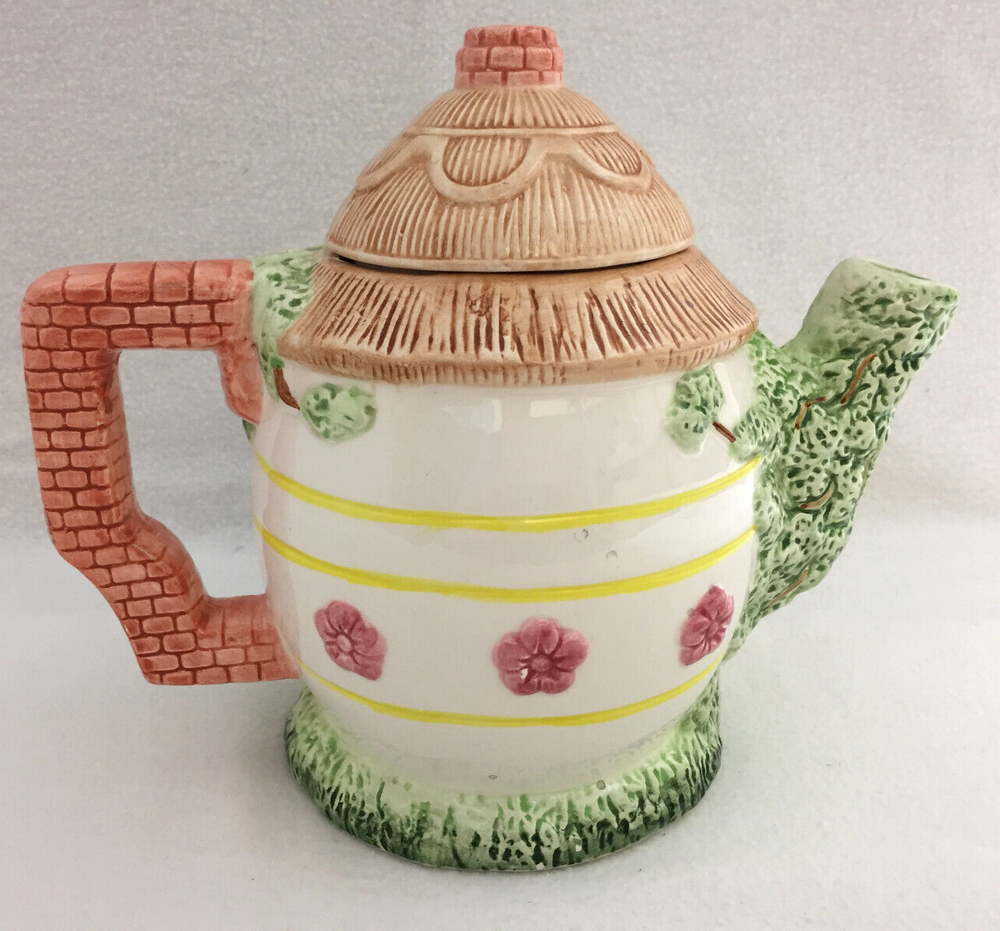 Tea Pot Easter Bunny Eggs Tree House Ceramic Bright Pastels Decorative Use Only