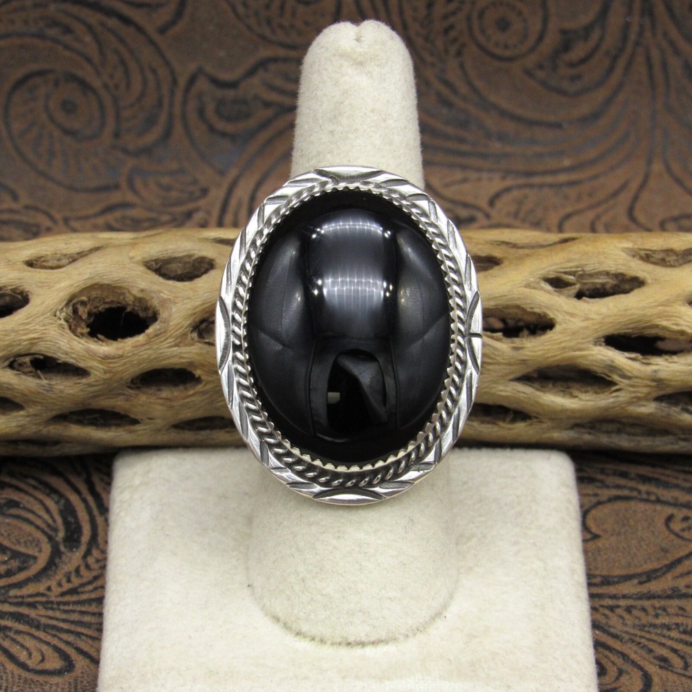 Southwestern Sterling Silver and Oval Black Onyx Ring Size 7.75+
