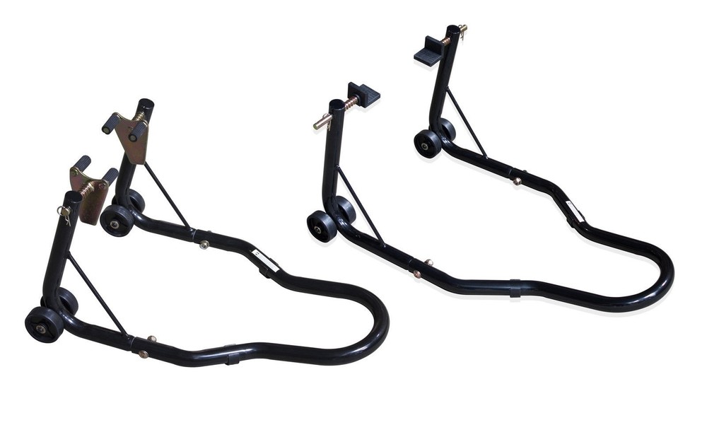 EXTRA HEAVY DUTY BLACK MOTORCYCLE FRONT & REAR PADDOCK STAND SET COMBO PACK