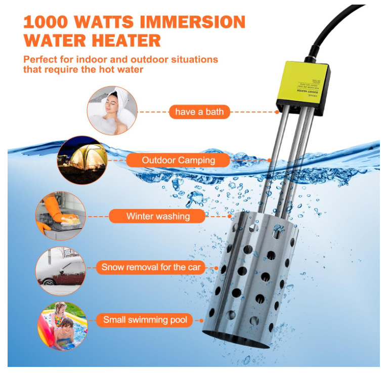 Quick-Heating 1000W Submersible Bucket Heater with Thermostat - Durable Design