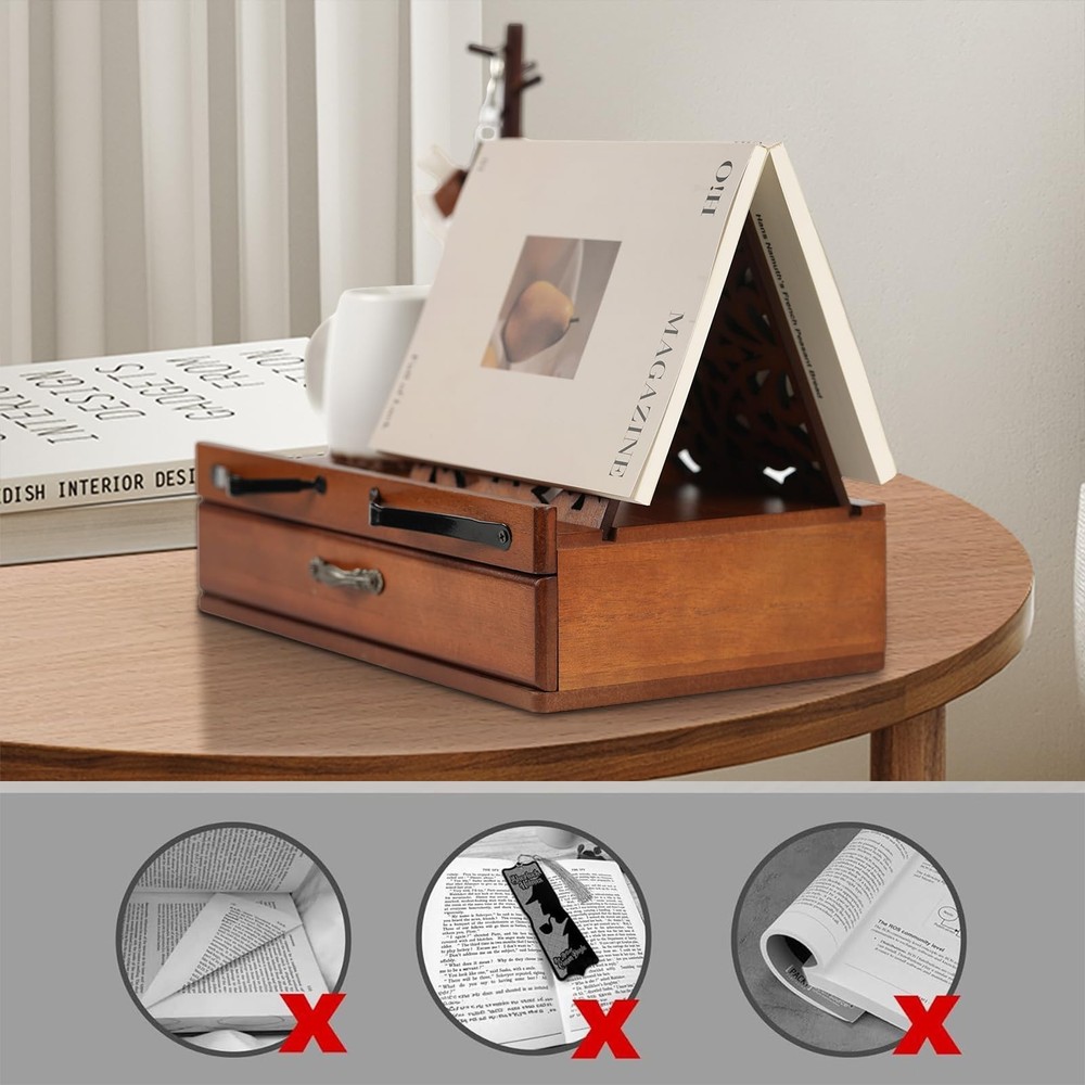 Adjustable Wooden Book Stand with Storage - Multi-Function Hands Free Book Ho