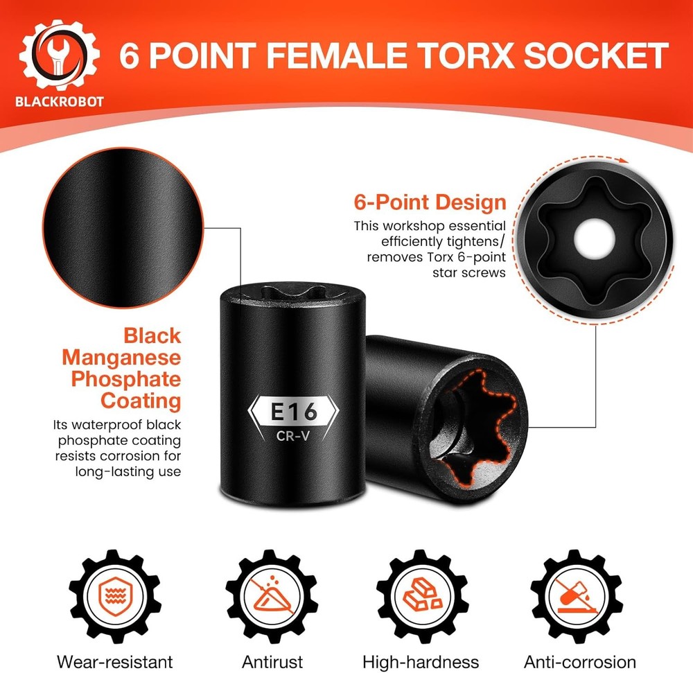 BLACKROBOT E Torx & Star Socket Set With Rail, 11-Piece Female External Sockets,