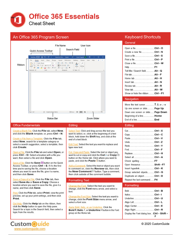 Microsoft Word Office 365 Cheat Sheet | Basic to Advanced