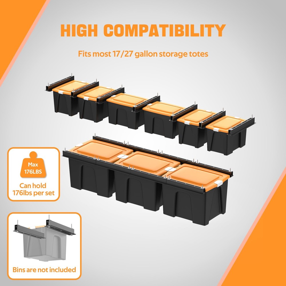 Overhead Garage Storage Racks for Bins, Ceiling 6 Bin, Black