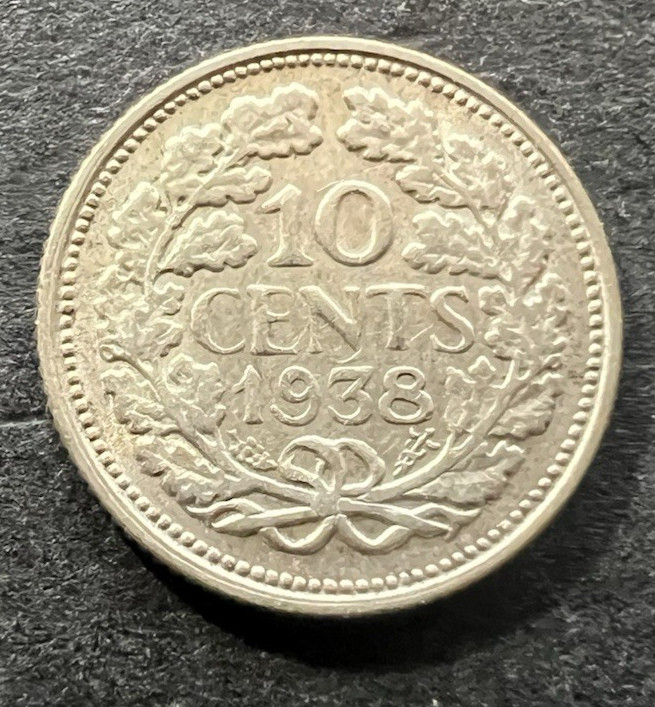 1938 Netherlands 10 Cents Silver Coin