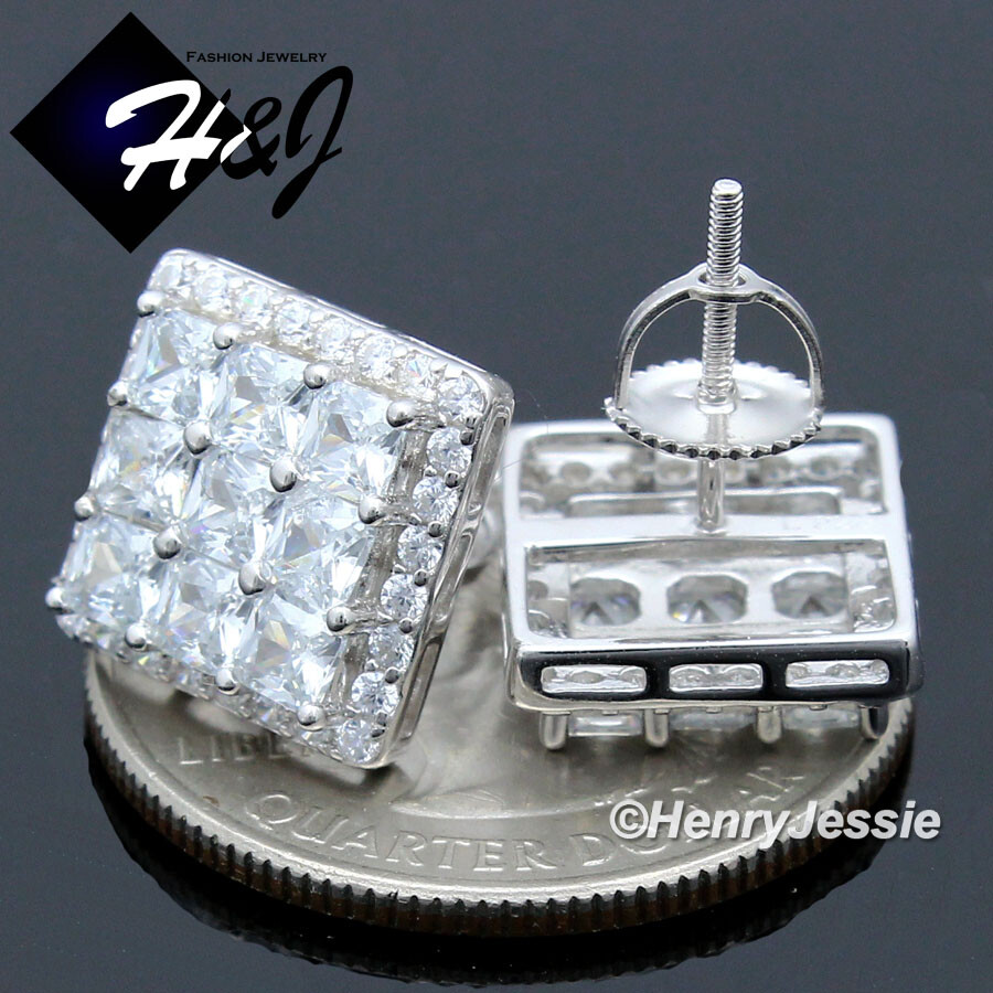 MEN SOLID 925 STERLING SILVER 12MM ICY CZ SQUARE 3D SCREW BACK STUD EARRING*E205