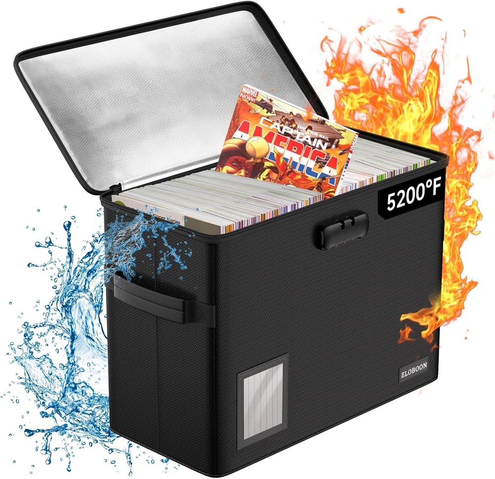 Comic Book Storage Box Fireproof & Water-Resistant Comic Book Box with Lock a...