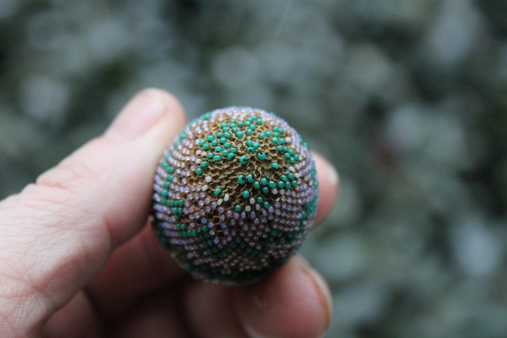 Antique 19th Century English Beaded Easter Egg Thimble Case w/ Sterling Thimble