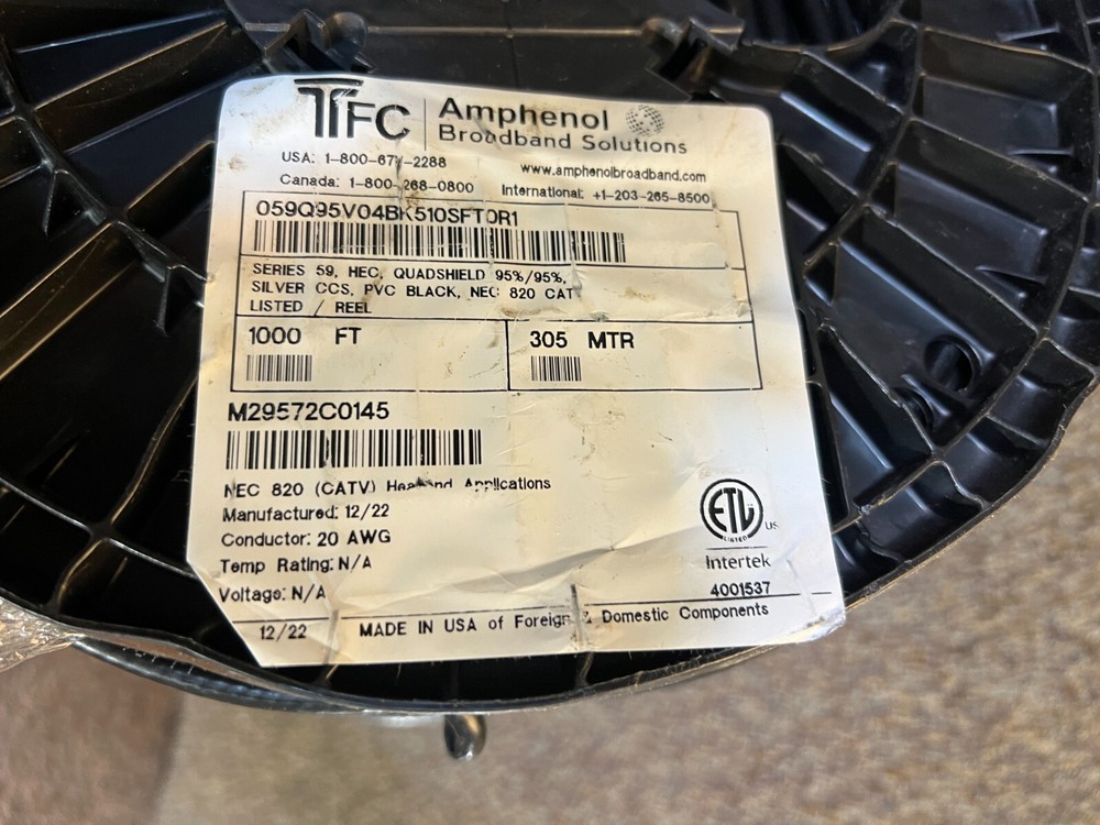 TFC/Amphenol Broadband Solutions 059Q95VO4BK510SFTOR1 CATV Cable 1000 ft, Black