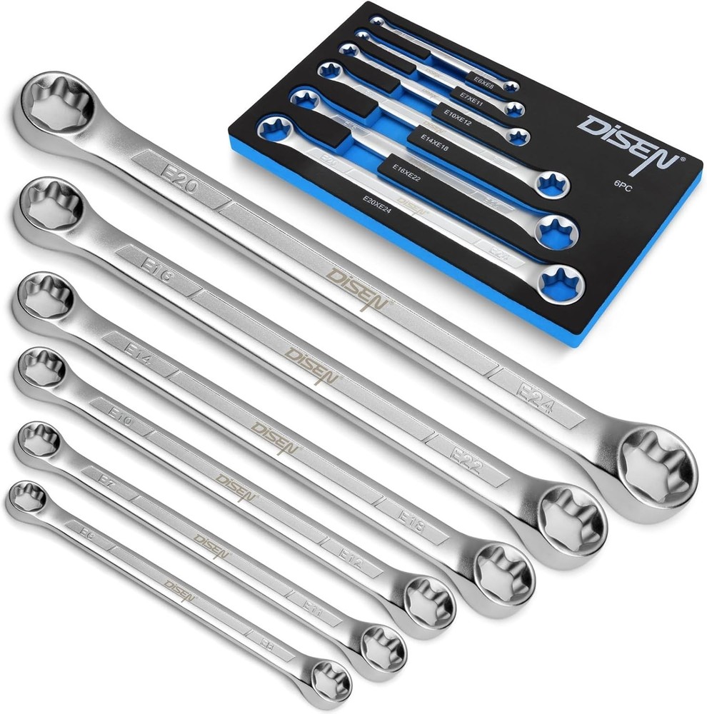 6-Piece E-Torx Wrench Set, Double Box End, CR-V Steel, Durable Tools