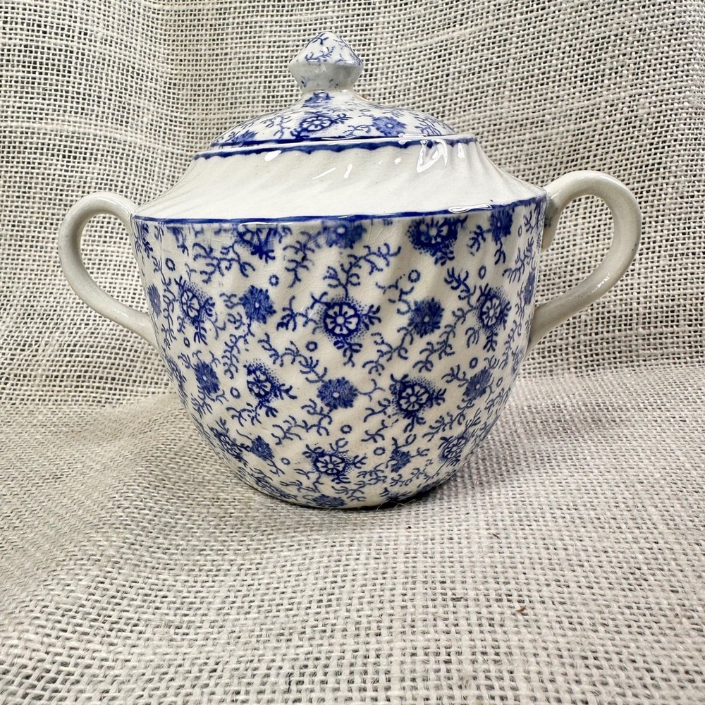 English Anchor Blue White Transferware Covered Sugar Bowl England