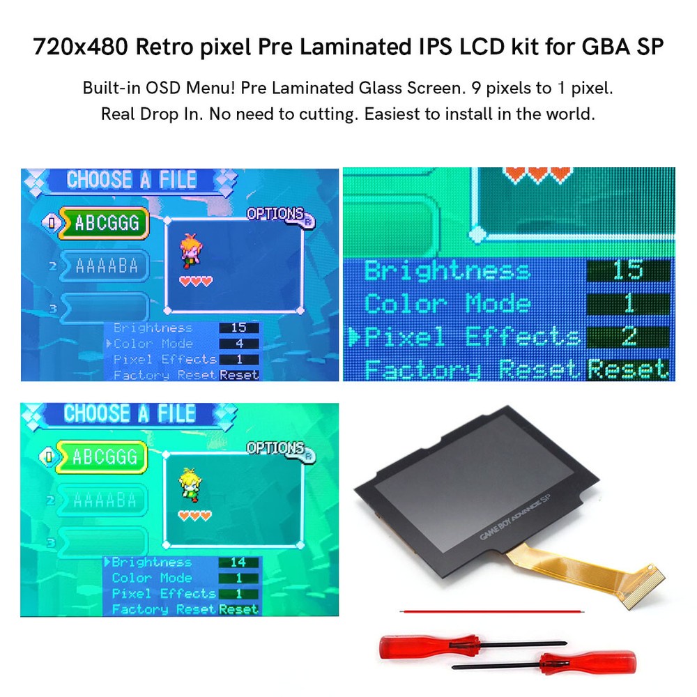 V5 720x480 Retro Pixel Pre-Laminated IPS LCD+Case W/Same color button For GBA SP