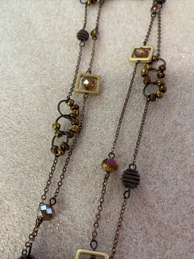 Multi-Strand Gold TONE Chain Amber Bead Necklace