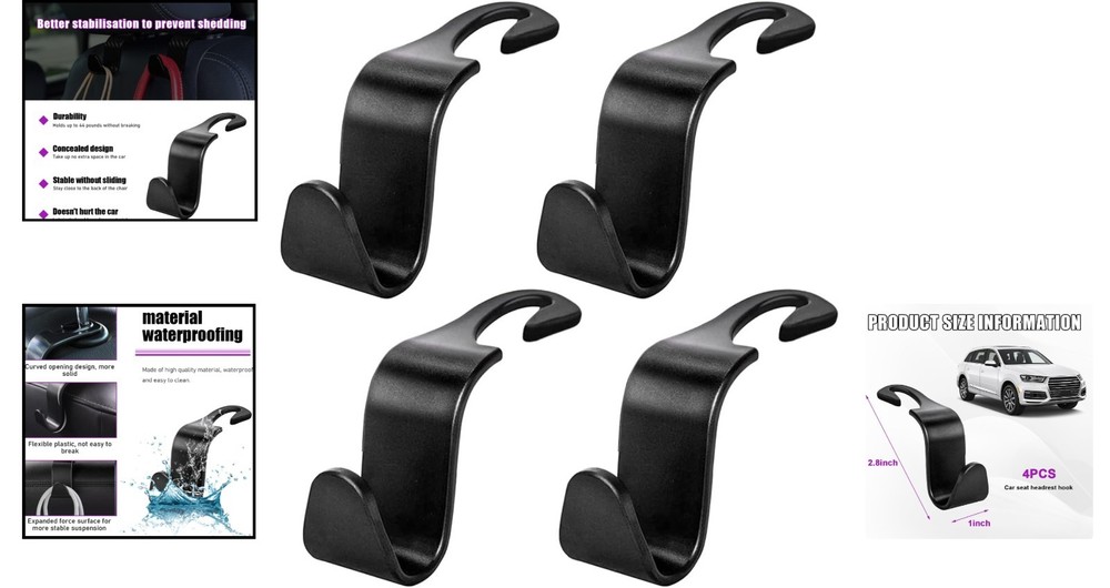 Universal Car Headrest Hooks 4 Pieces Durable and Easy to Install