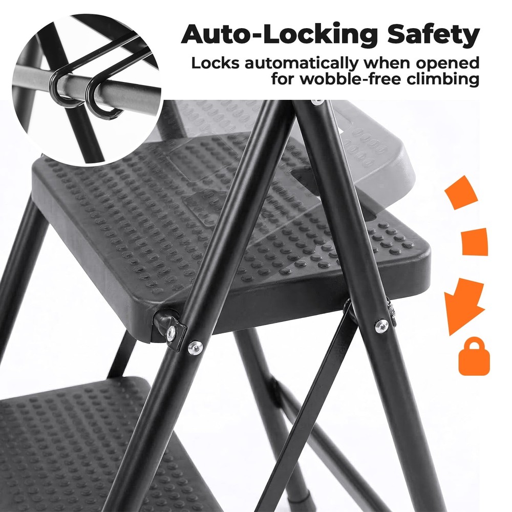 Alvantor 3-Step Ladder, Foldable Step Stool with Safety Lock, Anti-Slip Peda