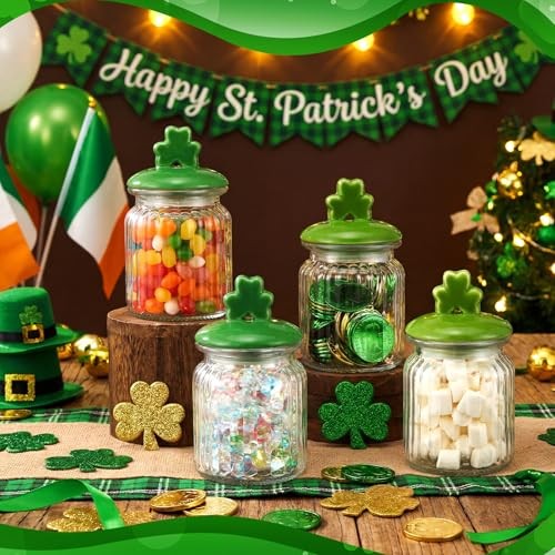 4 Pcs St. Patrick's Day Glass Jar with Shamrock Cap Leaf Clear Candy Jar
