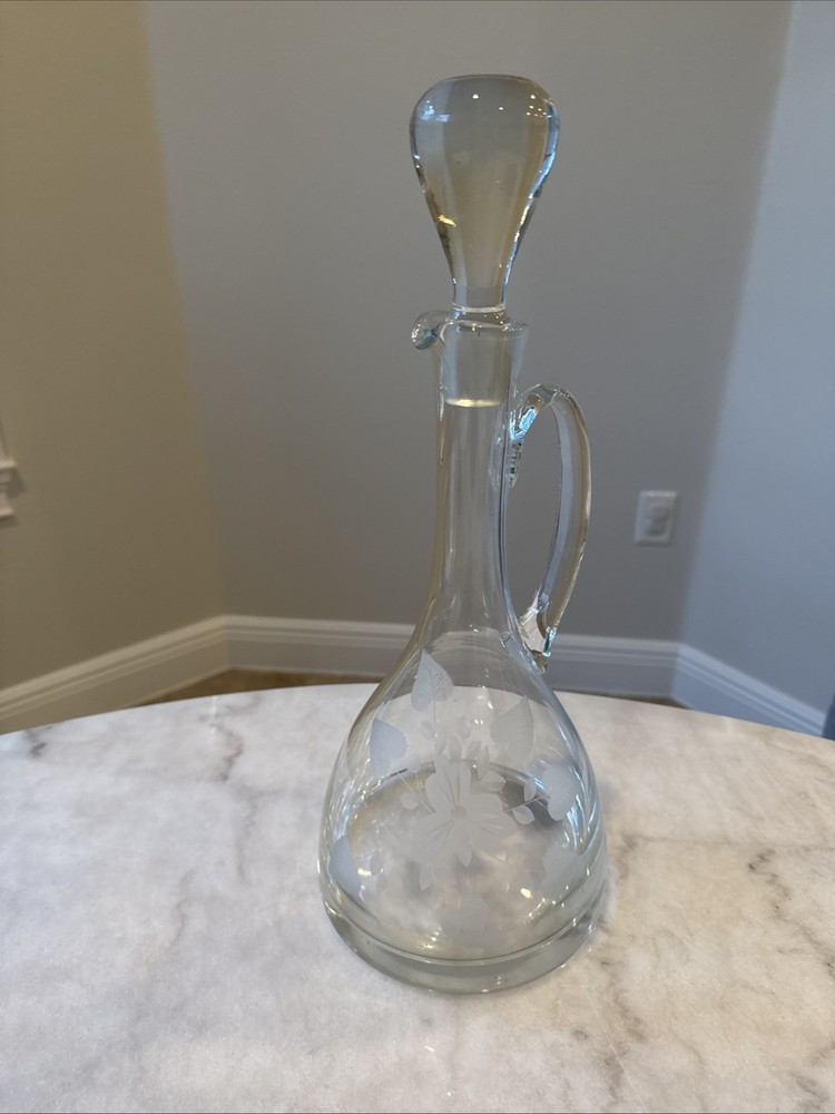 Vintage Wine Whiskey Decanter With Handle And Floral Etching