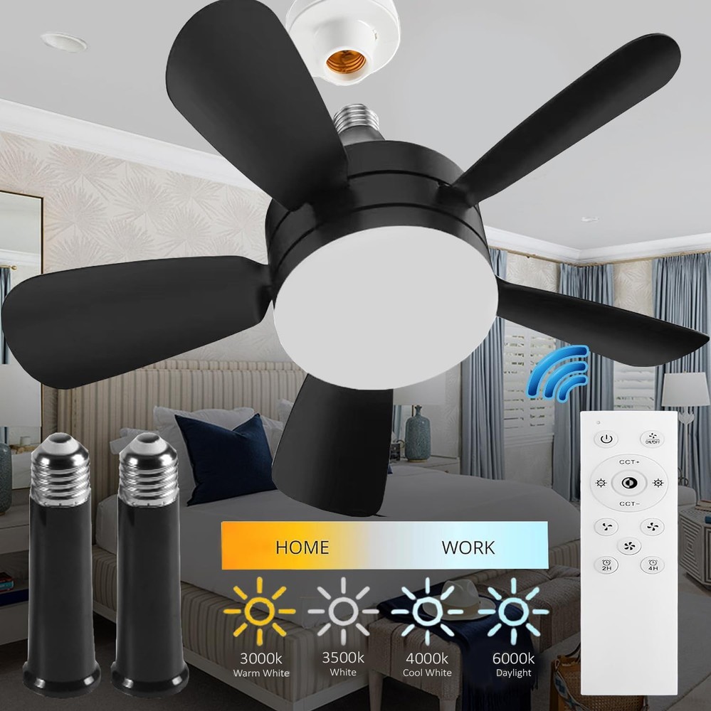 Socket Fan Light with Remote and 2 Socket Extenders, Socket Ceiling Fan Light...