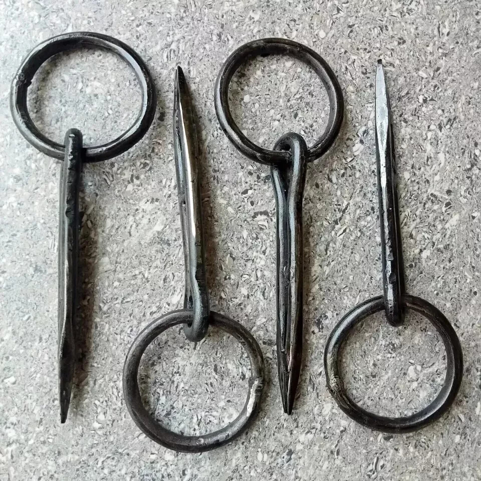 Antique Wrought Iron Ring on Pin, Tethering Game Hook Blacksmith Hardware 4 Unit