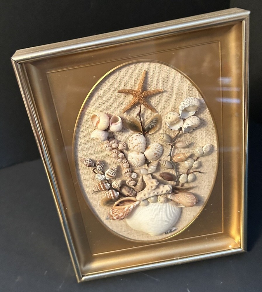 Vtg Hand Crafted Seashell Signed Art in GoldFrame 8” X 6”