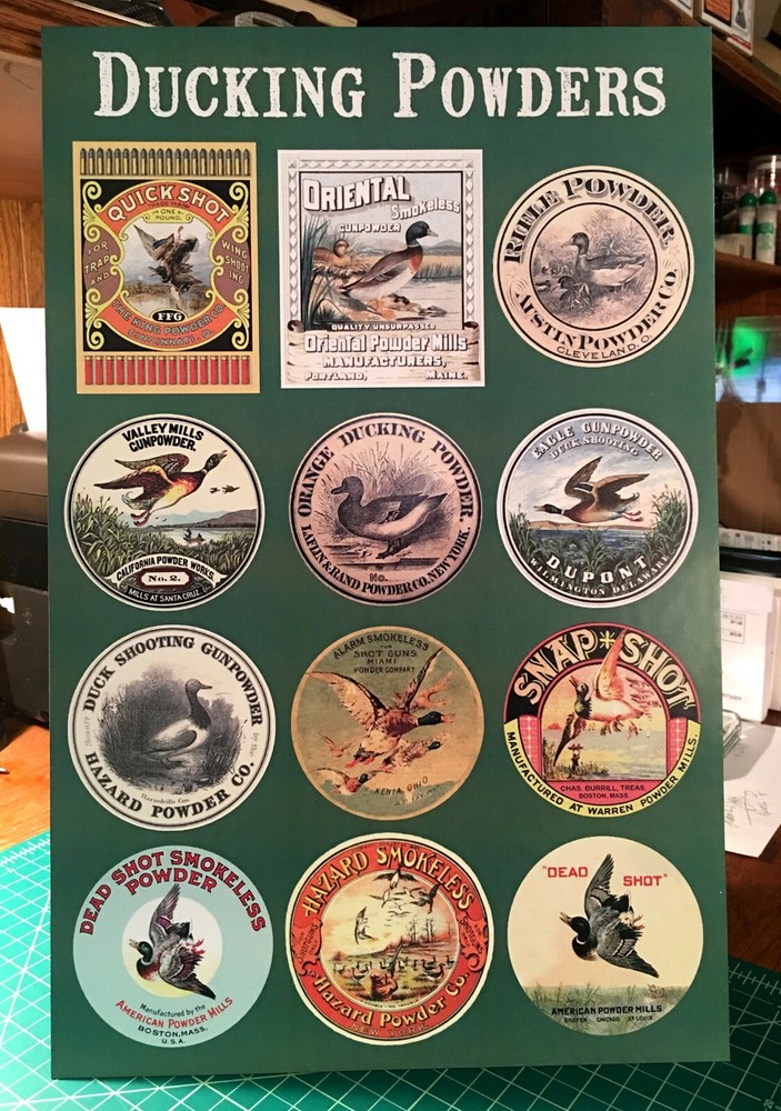 REPRODUCTION  Ducking Powders Labels  Standing Die Cut
