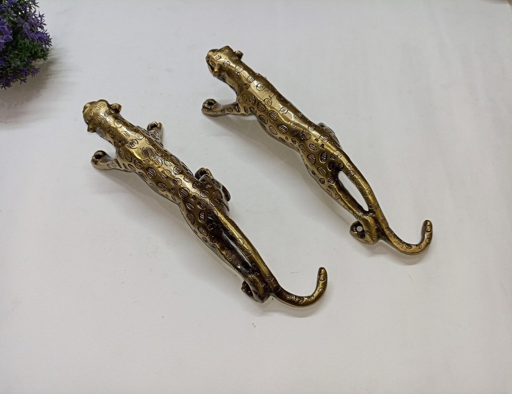 Lacquered Brass Walking Jaguar Shape Handle Animal Theme Door Pull Set AJ493