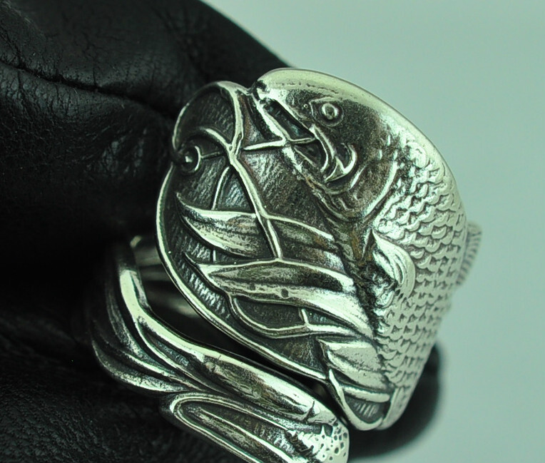 Solid 925 Sterling Silver Large Fish Adjustable Spoon Ring