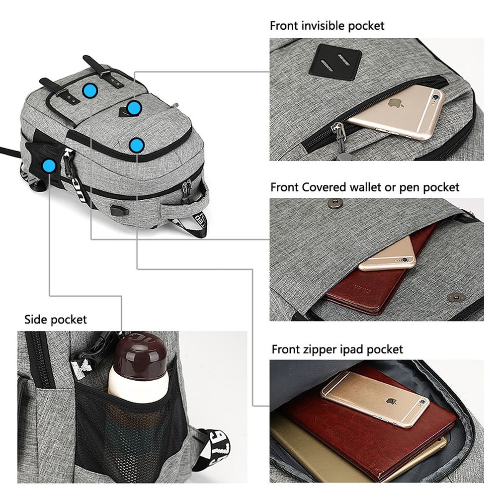 Lightweight College School Backpack with USB Charging Port