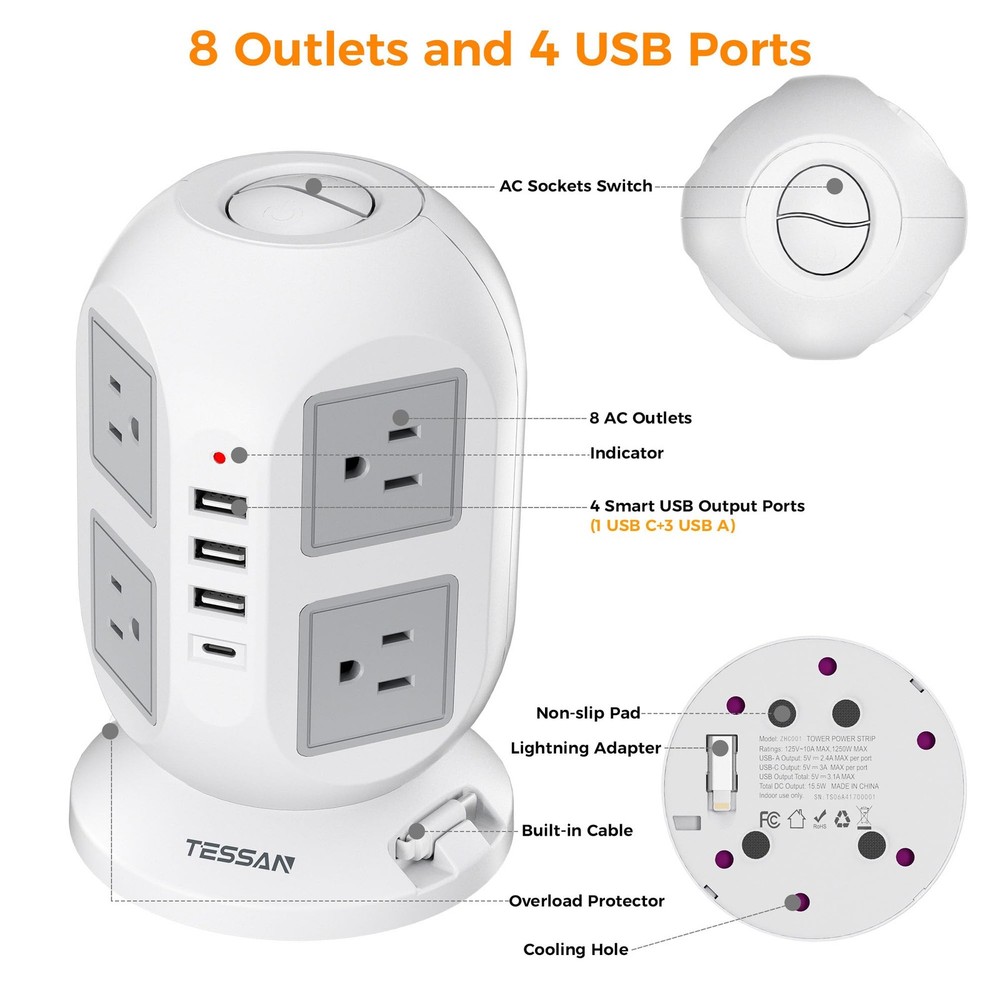 Tower Power Strip 10 Ft Surge Protector Extension Cord