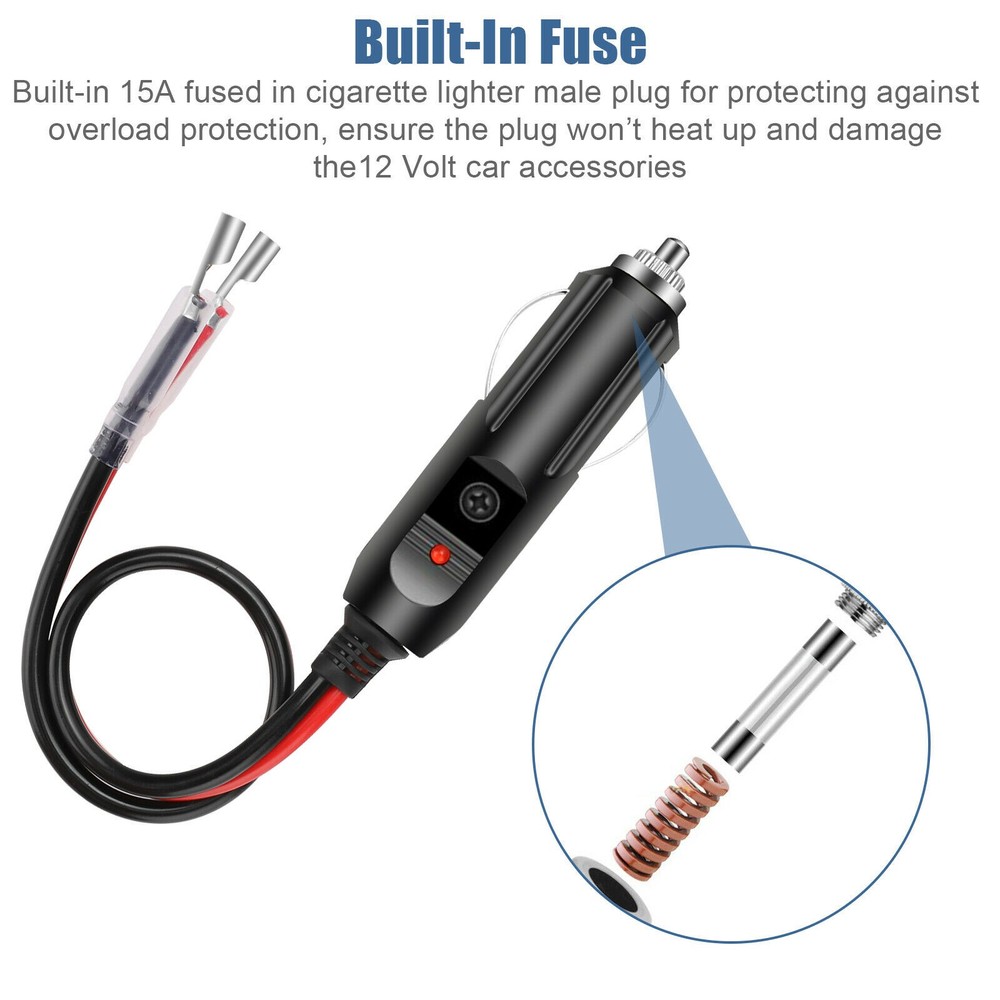 2 Pack Replacement 12V Fused LED Light Cigarette Lighter Male Plug with Leads