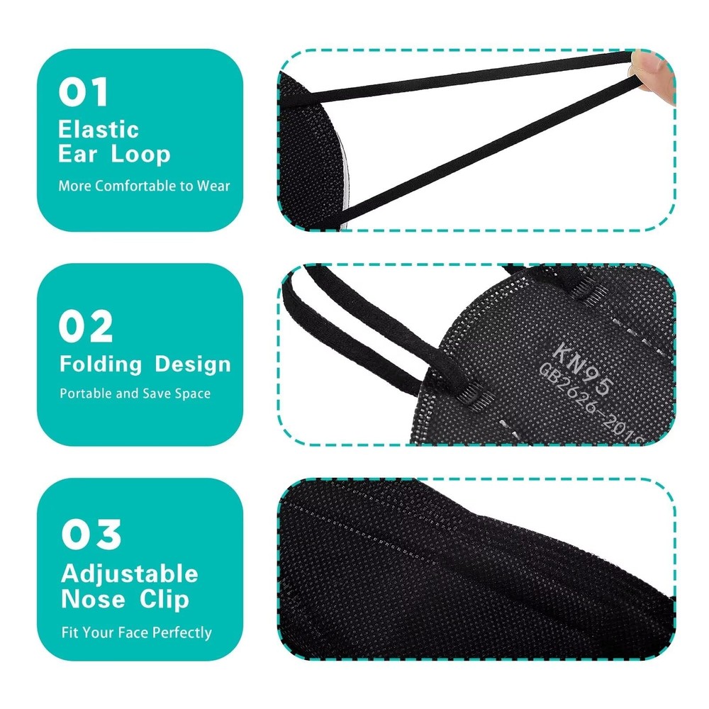 50pcs KN95 Face Masks Black 5-Layer Dust Filter, ≥95% Eff., Breathable