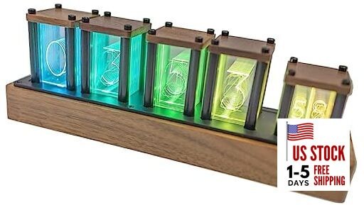Nixie Tube Clock,Walnut Wood RGB Digital Clock,Retro Modern Desktop Clock,No