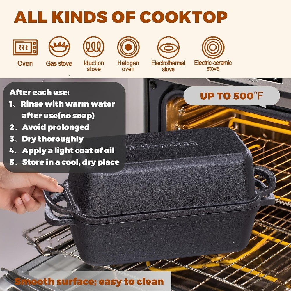 Classic 11x5 Cast Iron Bread Pan with Lid - Durable Sourdough Baking Essential