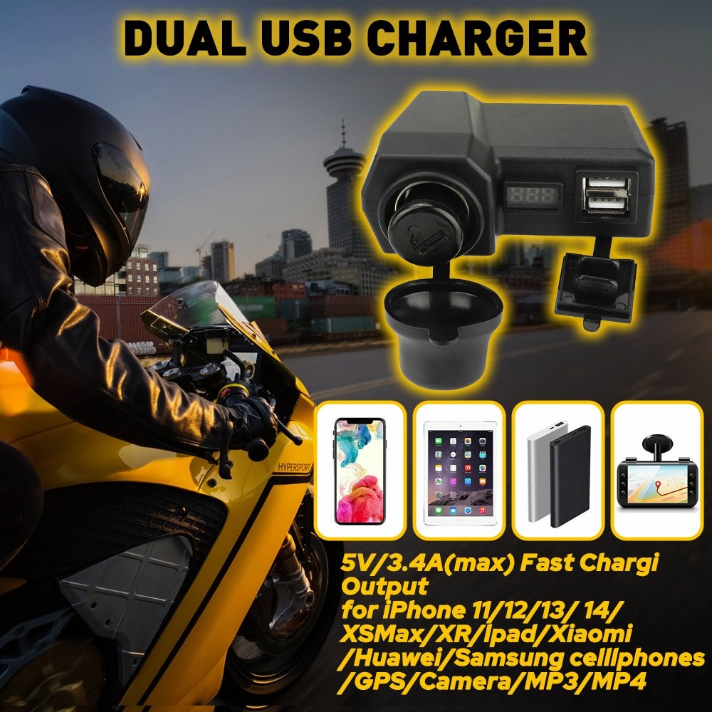 Phone USB Motorcycle Power Charger Cigarette Lighter Voltmeter Socket Waterproof