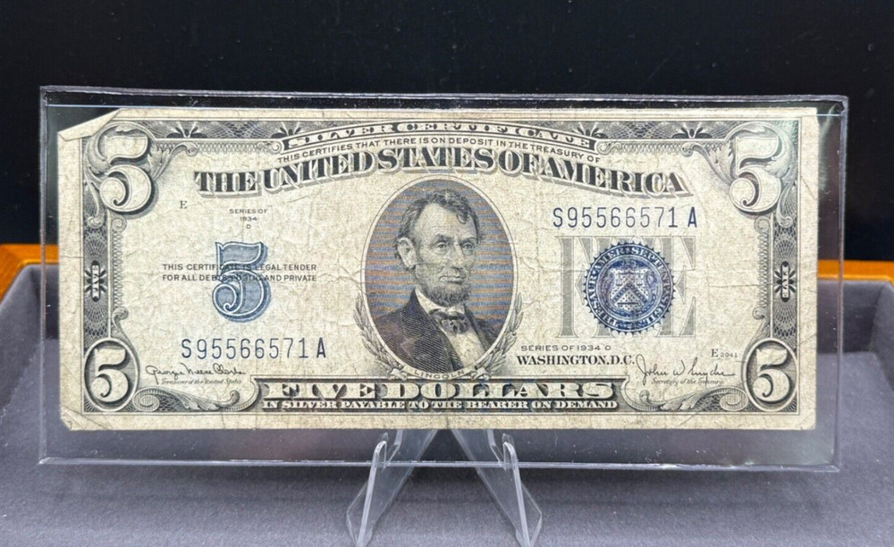 1934 D Five DOLLAR SILVER CERTIFICATE $5 Note Bill CIRCULATED
