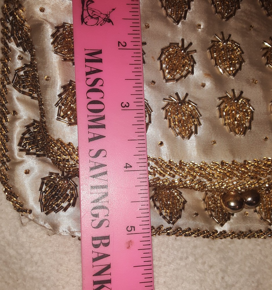 Vintage Gold Beeded Folding Clutch, Ball Snap, Silk material