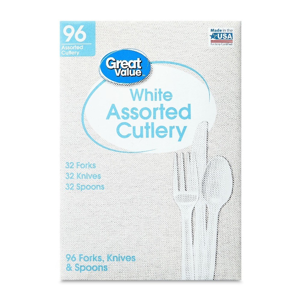 White Plastic Cutlery Set Disposable 96-Pack Includes 32 Forks 32 Spoons 32