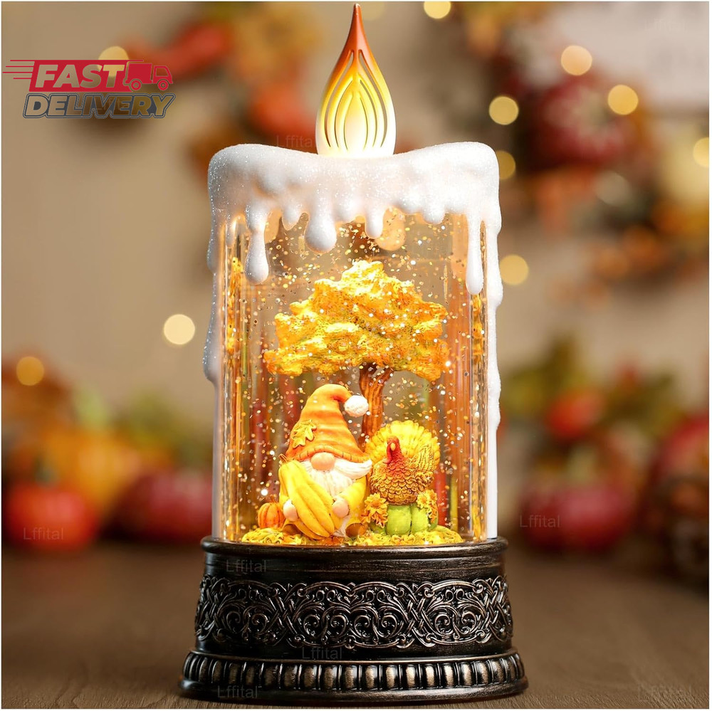 Fall Snow Globe Lantern Fall Decor Candle Shape with Gnome and Turkey, Lighted T