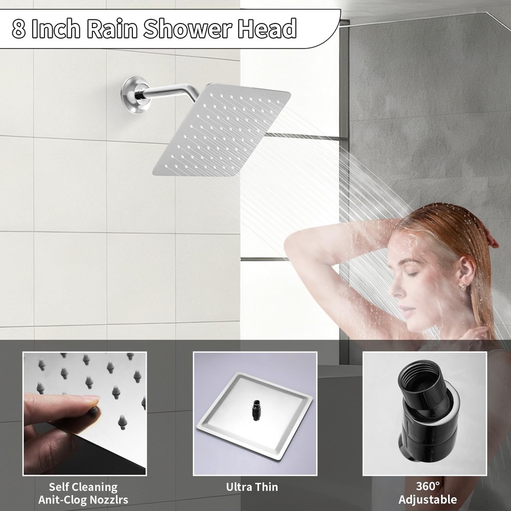 Bathroom Rainfall Shower System Wall Mount 8 Inch Shower Head With Handled Sp...
